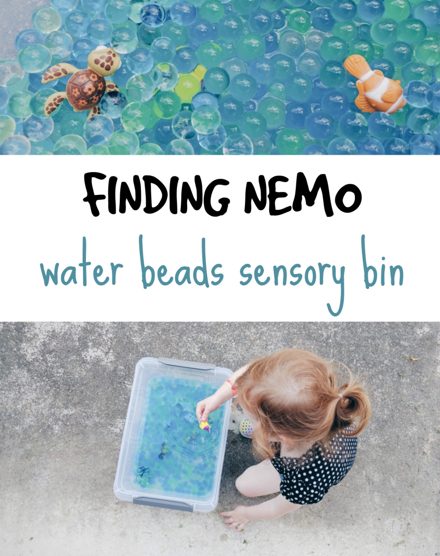 water beads sensory bin, finding nemo