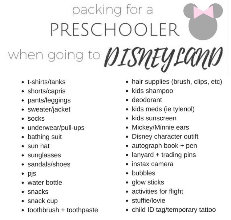 preschooler packing list for Disneyland