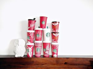 Parenthood in one photo: tower of coffee cups from Tim Horton's and Starbucks