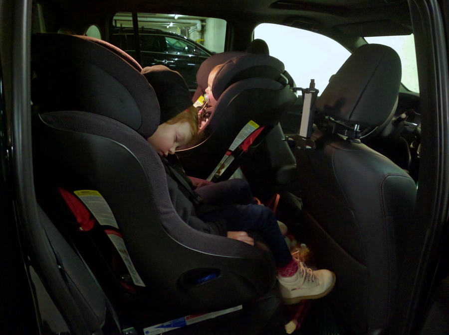 Legends Whistler parking lot, toddler and preschooler asleep in the car