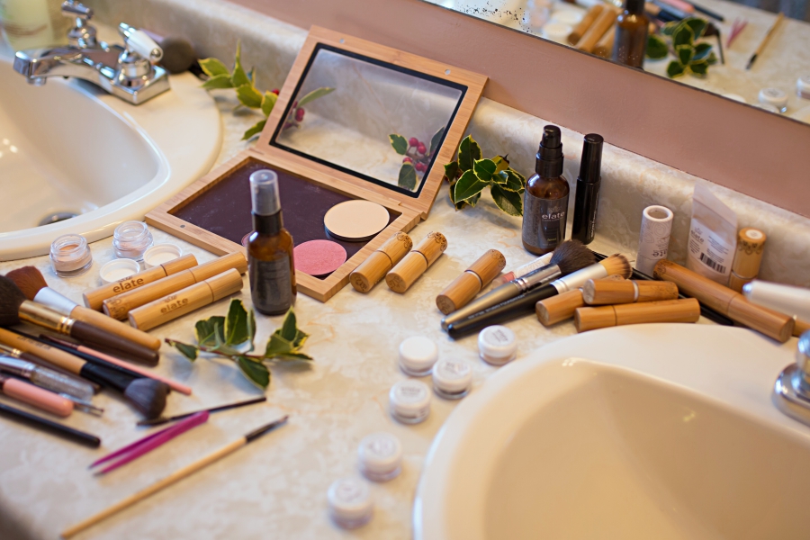 Elate Cosmetics makeup across bathroom counter