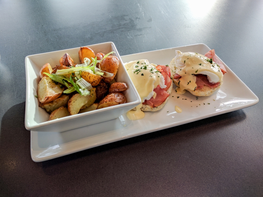 eggs Benedict and hash browns from lelem' cafe in Fort Langley