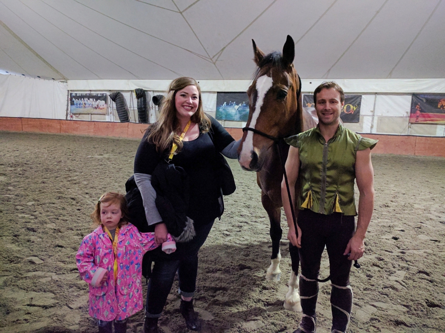 Cavalia Odysseo in Vancouver, preschooler during VIP experience and meeting a horse and rider