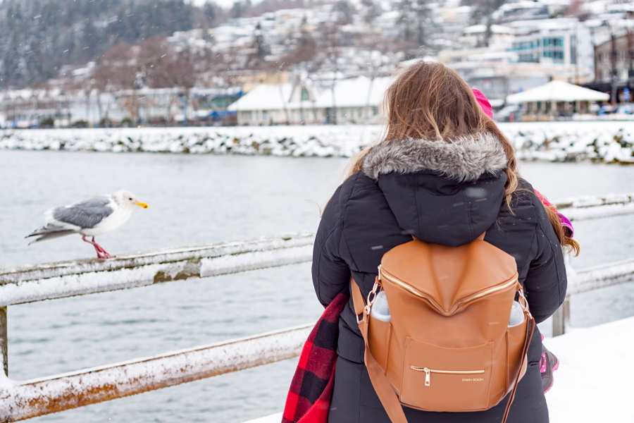 Mother holding her daughter on pier of White Rock while wearing Fawn Design diaper bag in brown.