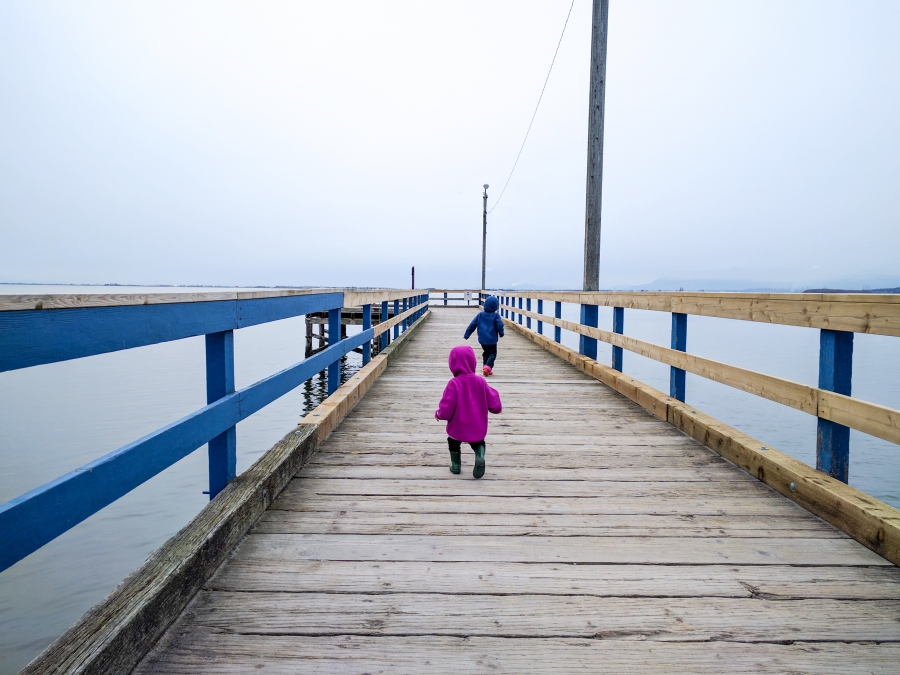 anxiety: pier stretching out to the ocean, two children walking down the pier
